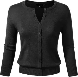Allsense Womens Button Down 3/4 Sleeve Crew Neck Knit Cardigan Lightweight Soft Sweater