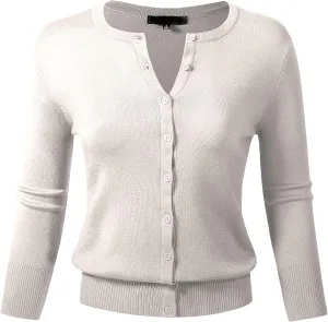 Allsense Womens Button Down 3/4 Sleeve Crew Neck Knit Cardigan Lightweight Soft Sweater
