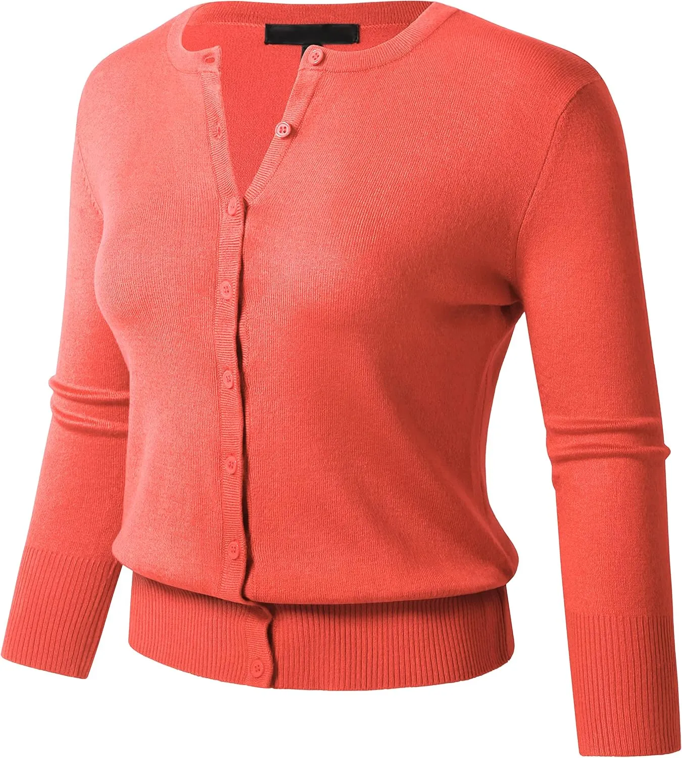 Allsense Womens Button Down 3/4 Sleeve Crew Neck Knit Cardigan Lightweight Soft Sweater