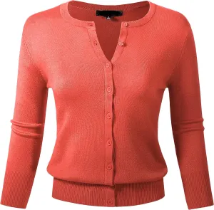 Allsense Womens Button Down 3/4 Sleeve Crew Neck Knit Cardigan Lightweight Soft Sweater