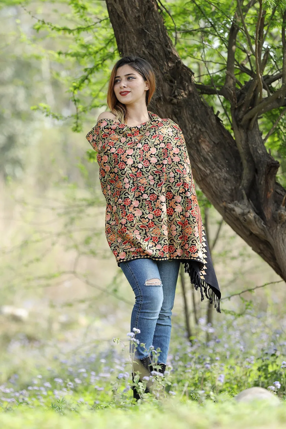 ALLURING MULTICOLORED Black Colour Stole With Graceful Dense Jaal Pattern Of Kashmiri Embroidery Makes It An Ideal Wear.