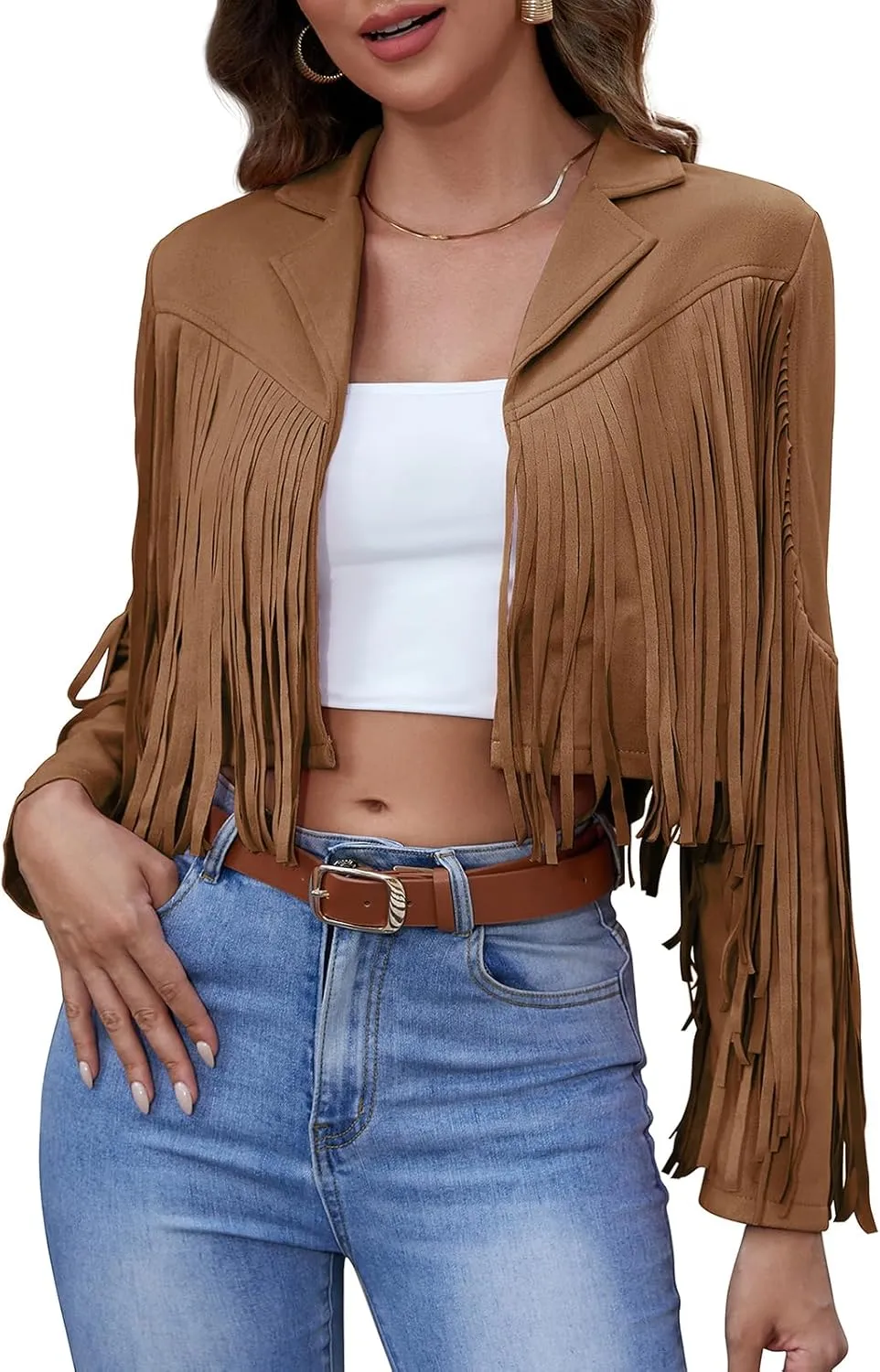 American Trends Womens Casual Faux Leather Jacket Fringe Tops Tassel Suede Cropped Coats Motorcycle Jacket