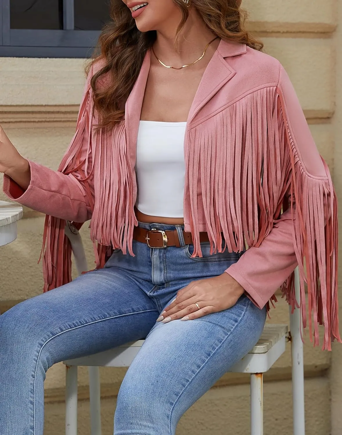American Trends Womens Casual Faux Leather Jacket Fringe Tops Tassel Suede Cropped Coats Motorcycle Jacket
