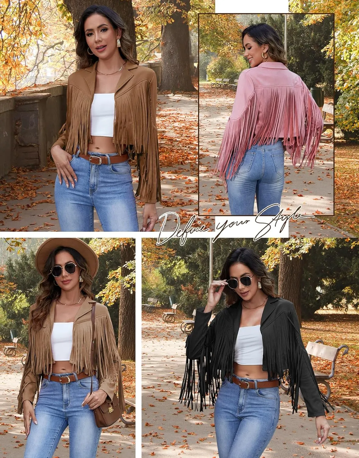 American Trends Womens Casual Faux Leather Jacket Fringe Tops Tassel Suede Cropped Coats Motorcycle Jacket