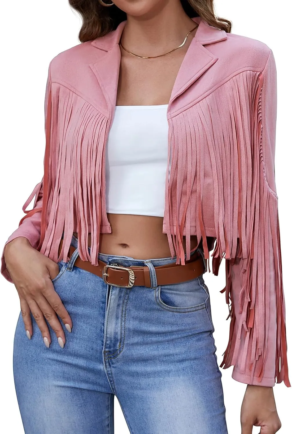 American Trends Womens Casual Faux Leather Jacket Fringe Tops Tassel Suede Cropped Coats Motorcycle Jacket