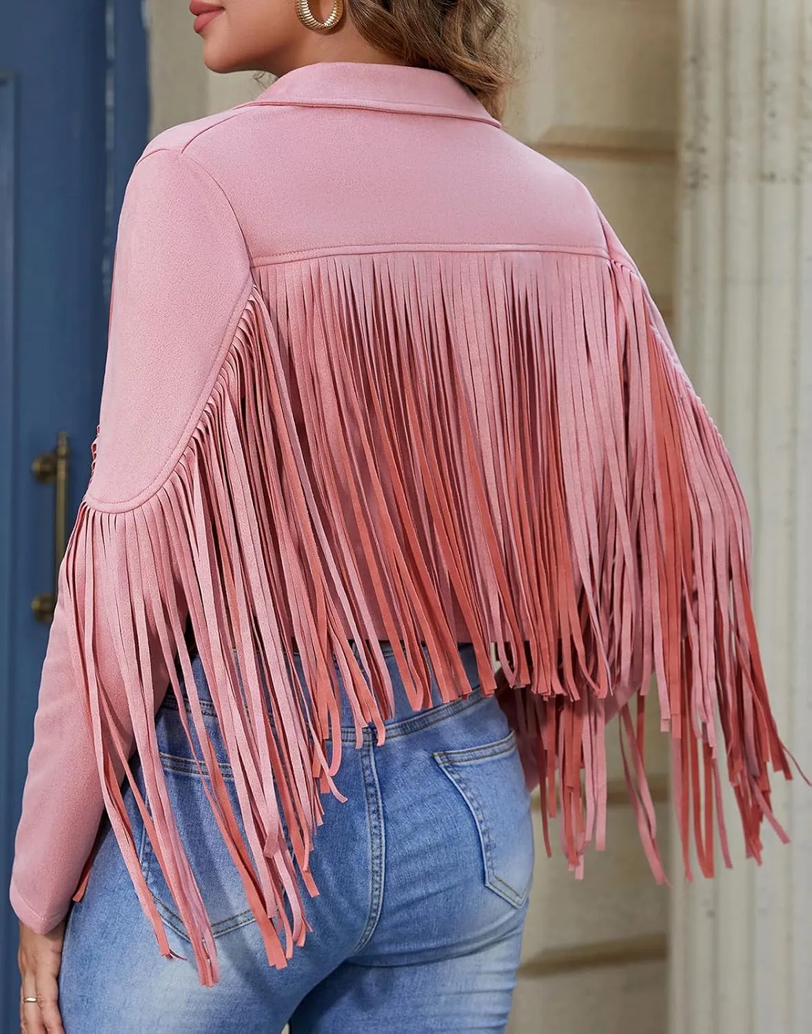 American Trends Womens Casual Faux Leather Jacket Fringe Tops Tassel Suede Cropped Coats Motorcycle Jacket