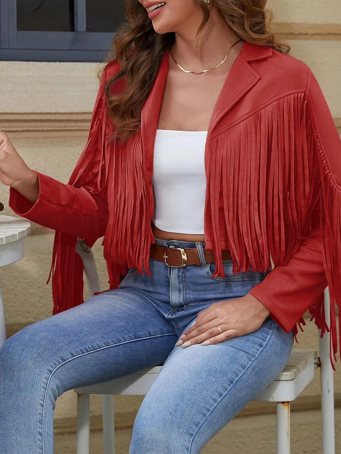 American Trends Womens Casual Faux Leather Jacket Fringe Tops Tassel Suede Cropped Coats Motorcycle Jacket