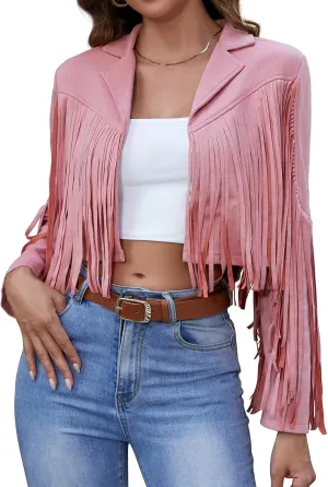 American Trends Womens Casual Faux Leather Jacket Fringe Tops Tassel Suede Cropped Coats Motorcycle Jacket
