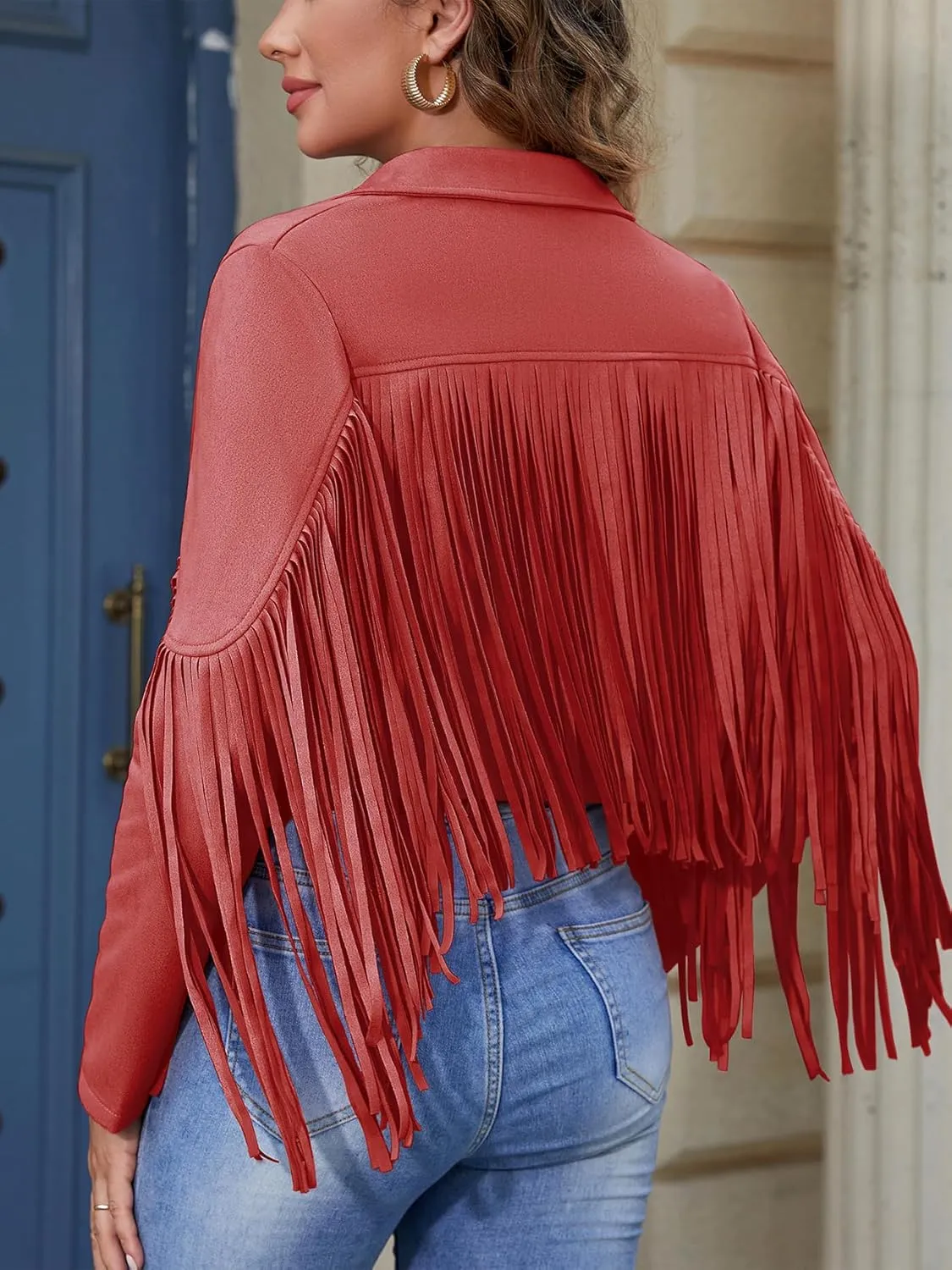 American Trends Womens Casual Faux Leather Jacket Fringe Tops Tassel Suede Cropped Coats Motorcycle Jacket