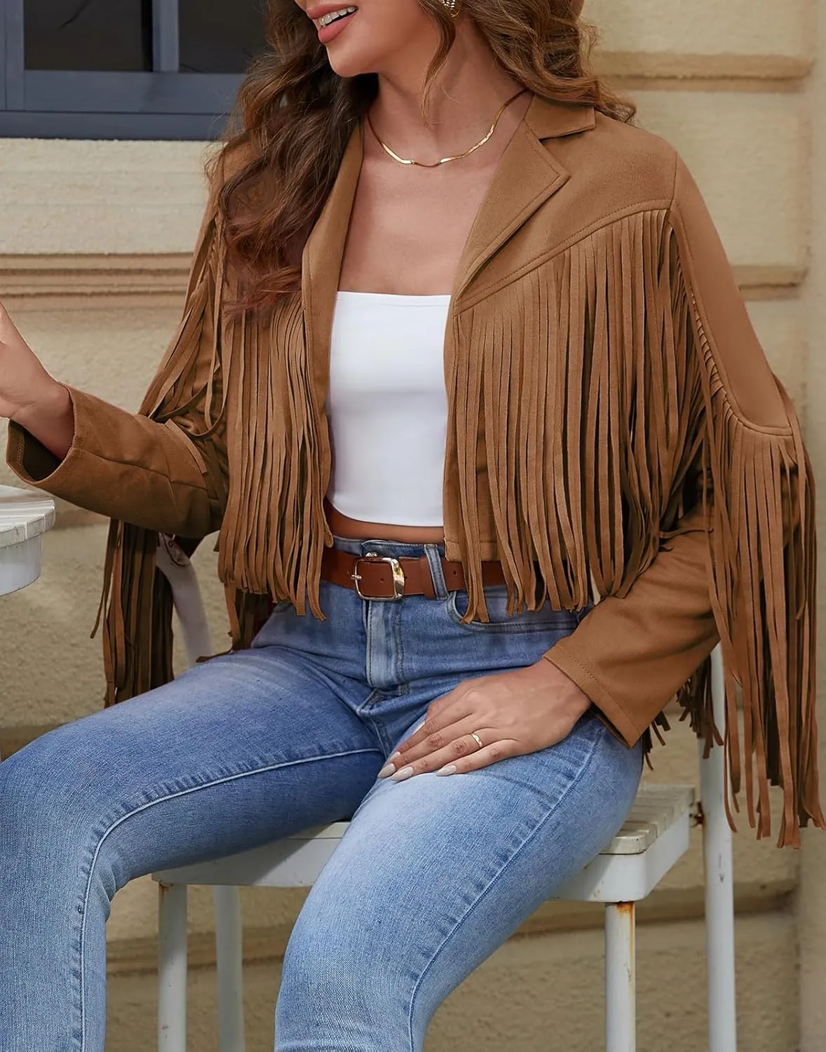 American Trends Womens Casual Faux Leather Jacket Fringe Tops Tassel Suede Cropped Coats Motorcycle Jacket
