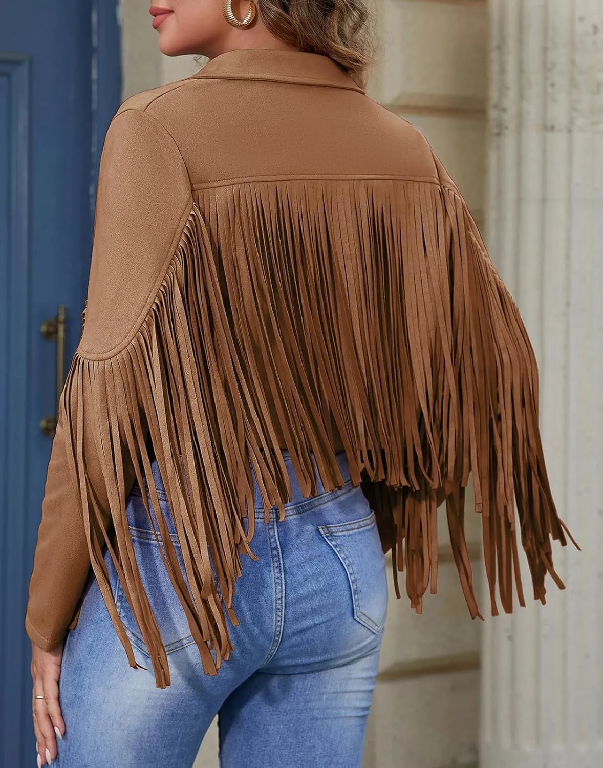 American Trends Womens Casual Faux Leather Jacket Fringe Tops Tassel Suede Cropped Coats Motorcycle Jacket