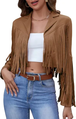 American Trends Womens Casual Faux Leather Jacket Fringe Tops Tassel Suede Cropped Coats Motorcycle Jacket