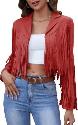 American Trends Womens Casual Faux Leather Jacket Fringe Tops Tassel Suede Cropped Coats Motorcycle Jacket