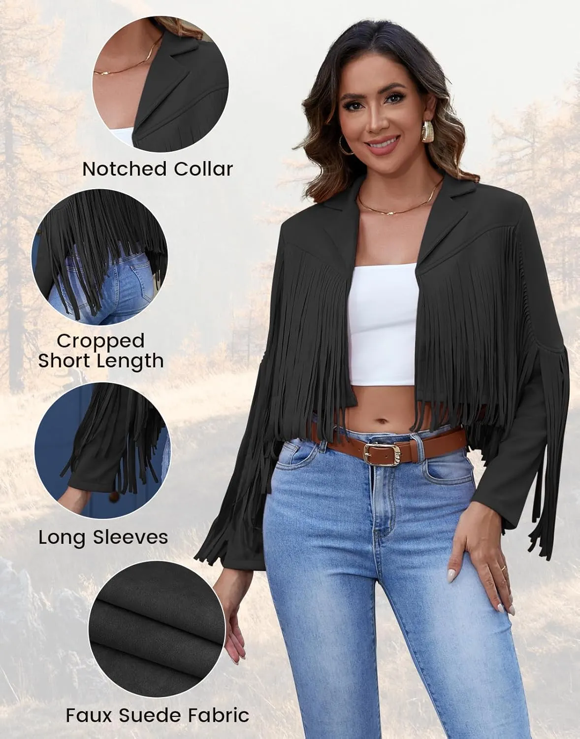 American Trends Womens Casual Faux Leather Jacket Fringe Tops Tassel Suede Cropped Coats Motorcycle Jacket