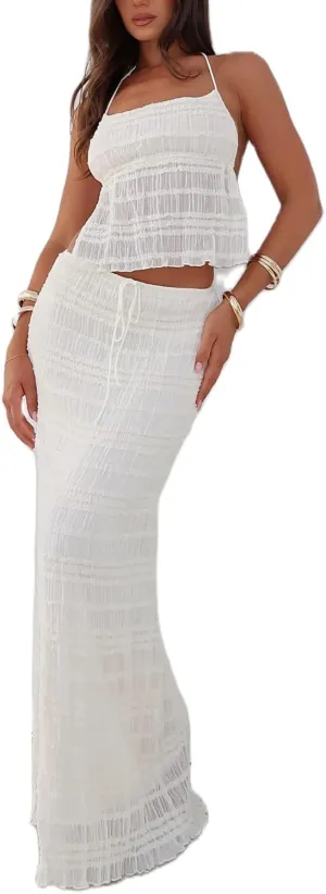Amiblvowa Women Y2k 2 Piece Maxi Skirt Set Backless Smocked Lace Halter Crop Top Tiered Flowy Long Skirt Club Streetwear
