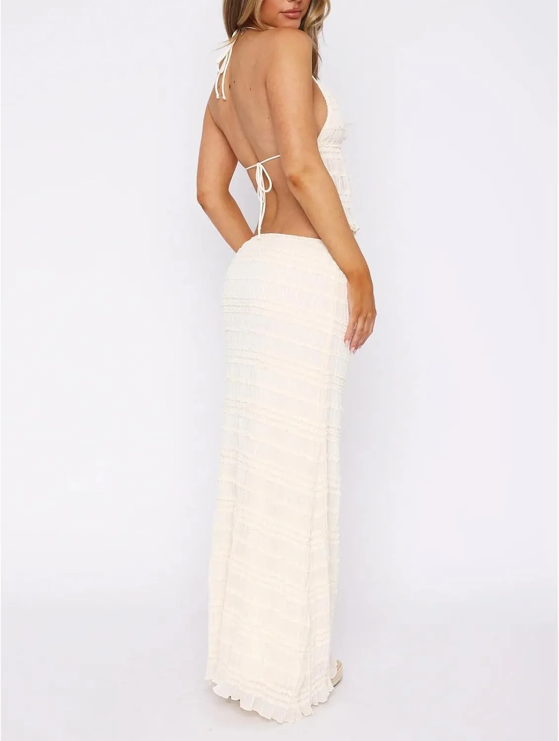Amiblvowa Women Y2k 2 Piece Maxi Skirt Set Backless Smocked Lace Halter Crop Top Tiered Flowy Long Skirt Club Streetwear