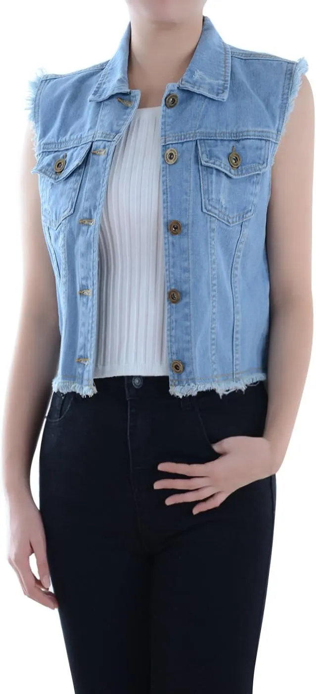 Anna-Kaci Womens Distressed Denim Button Up Sleeveless Crop Vest