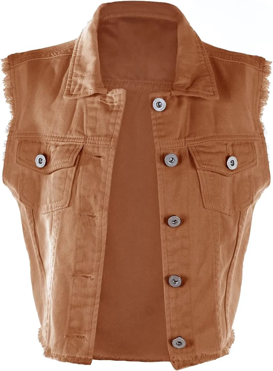 Anna-Kaci Womens Distressed Denim Button Up Sleeveless Crop Vest