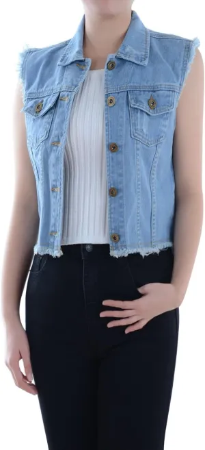 Anna-Kaci Womens Distressed Denim Button Up Sleeveless Crop Vest