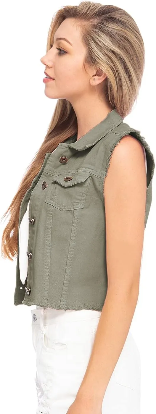 Anna-Kaci Womens Distressed Denim Button Up Sleeveless Crop Vest