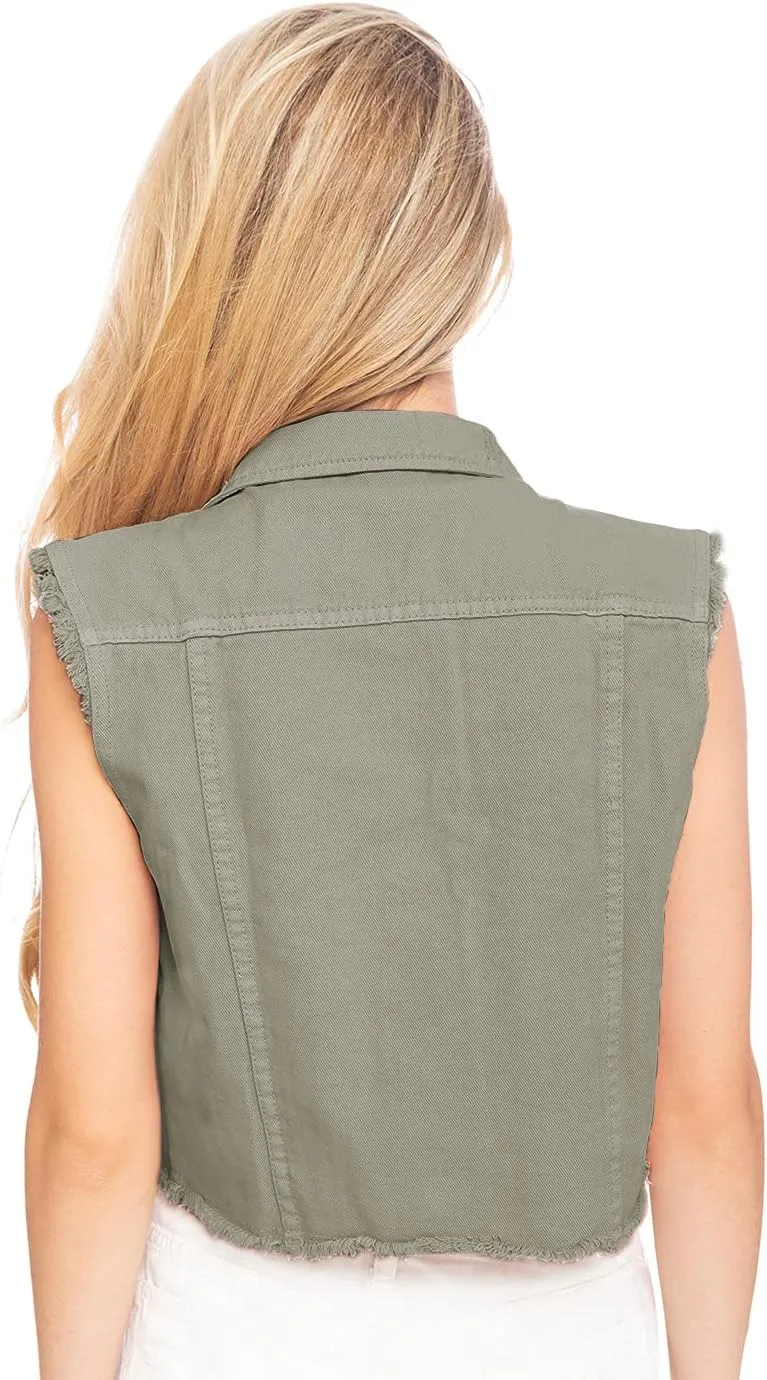 Anna-Kaci Womens Distressed Denim Button Up Sleeveless Crop Vest