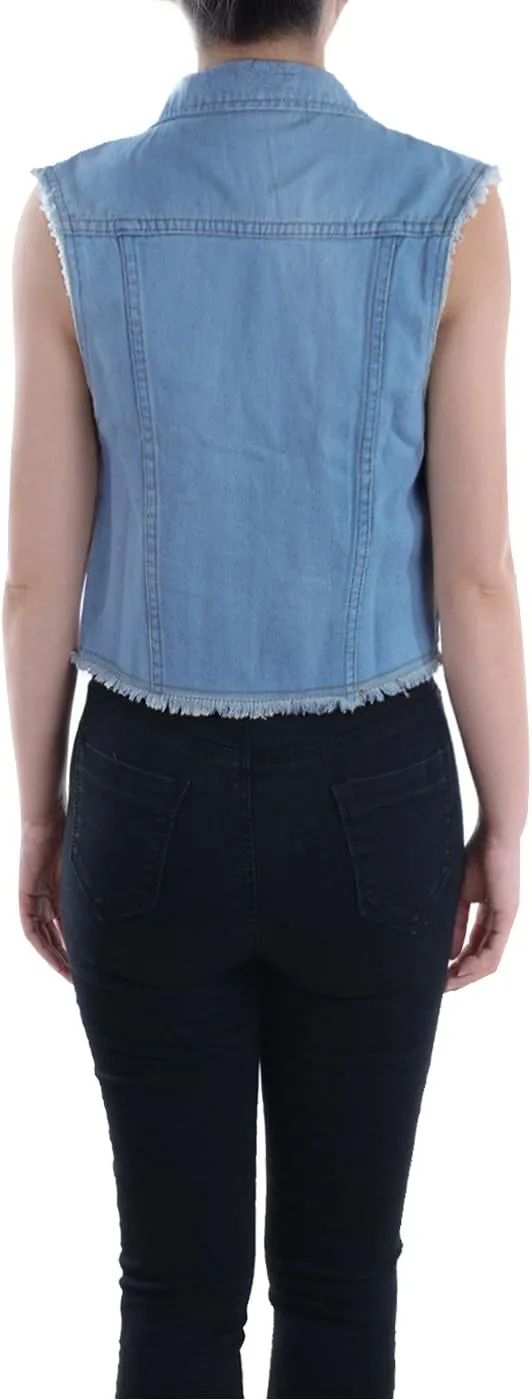 Anna-Kaci Womens Distressed Denim Button Up Sleeveless Crop Vest