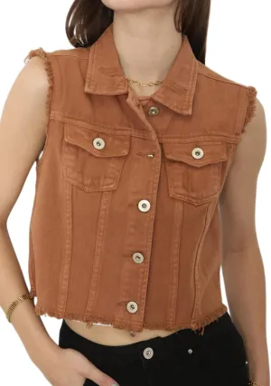 Anna-Kaci Womens Distressed Denim Button Up Sleeveless Crop Vest