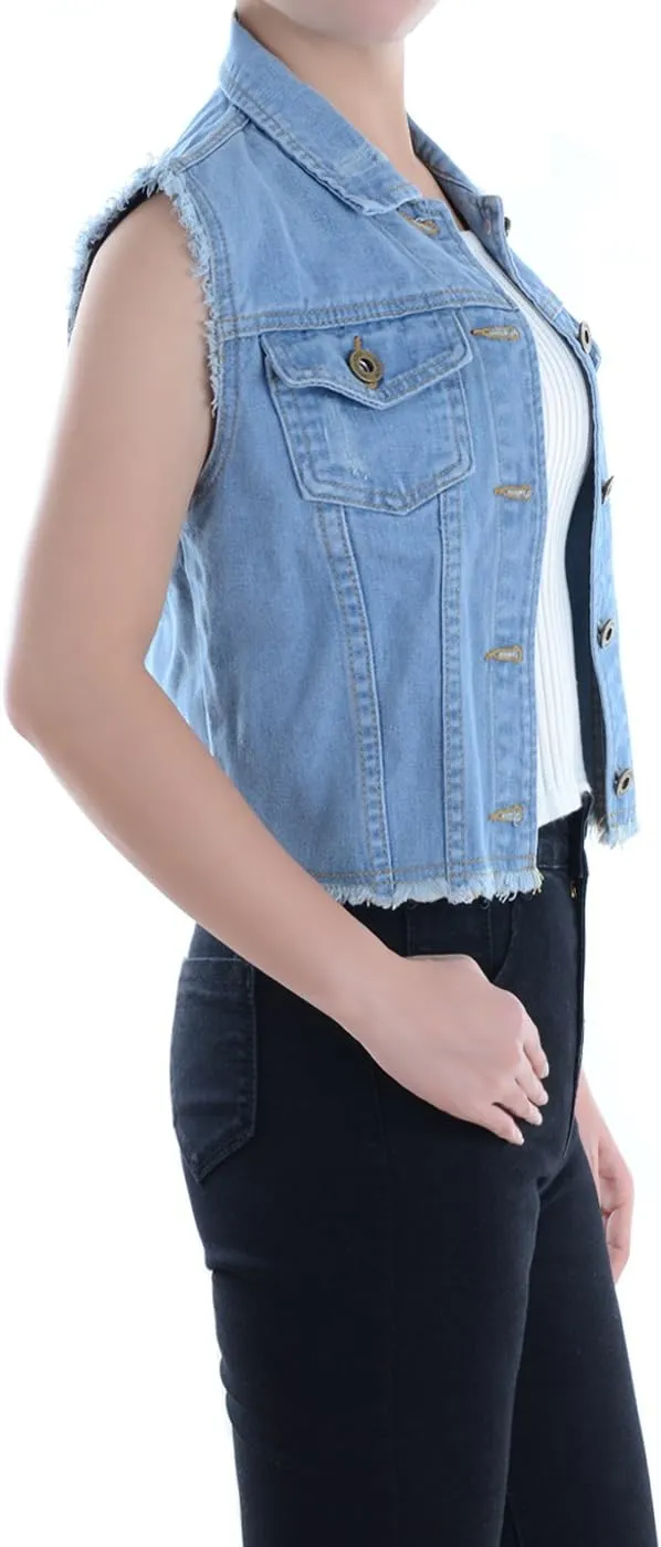 Anna-Kaci Womens Distressed Denim Button Up Sleeveless Crop Vest