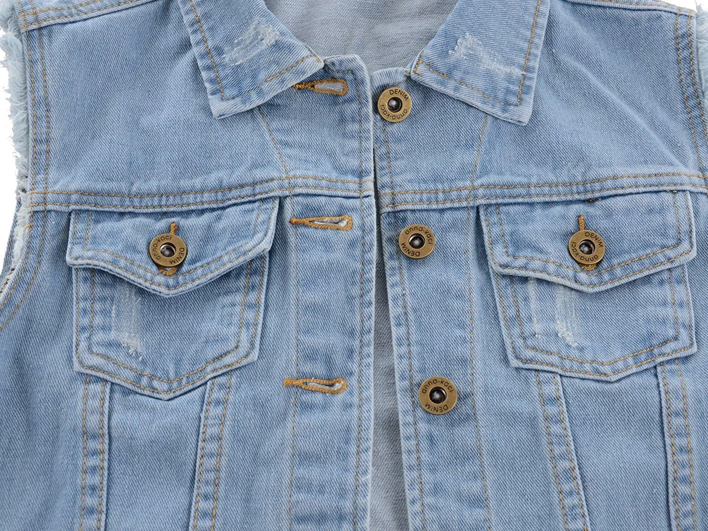 Anna-Kaci Womens Distressed Denim Button Up Sleeveless Crop Vest