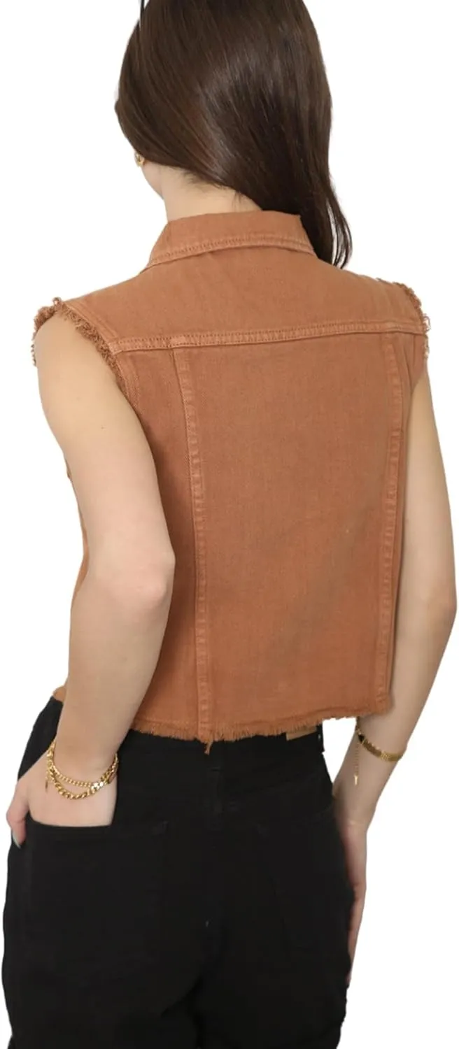 Anna-Kaci Womens Distressed Denim Button Up Sleeveless Crop Vest