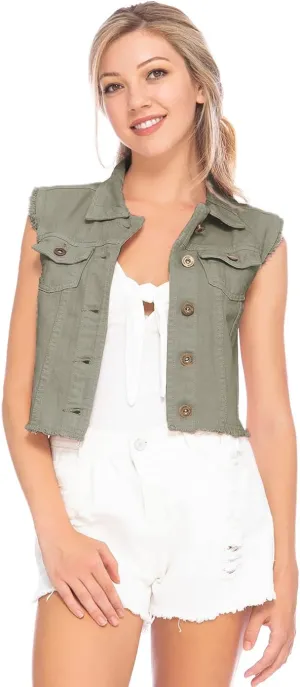 Anna-Kaci Womens Distressed Denim Button Up Sleeveless Crop Vest