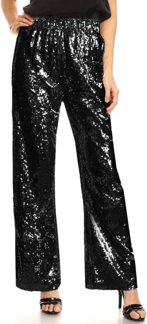 Anna-Kaci Women's Elastic Waist Sparkly Sequin 70's Disco Wide Leg Flare Palazzo Pants