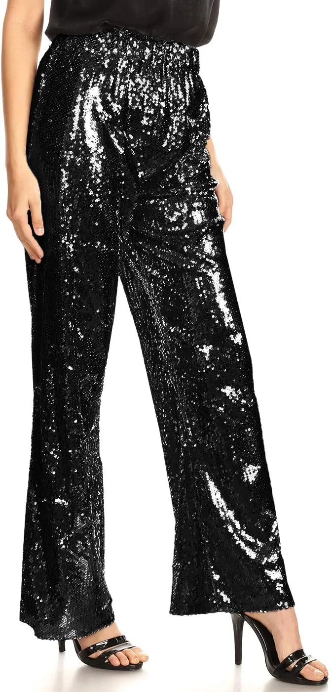 Anna-Kaci Women's Elastic Waist Sparkly Sequin 70's Disco Wide Leg Flare Palazzo Pants