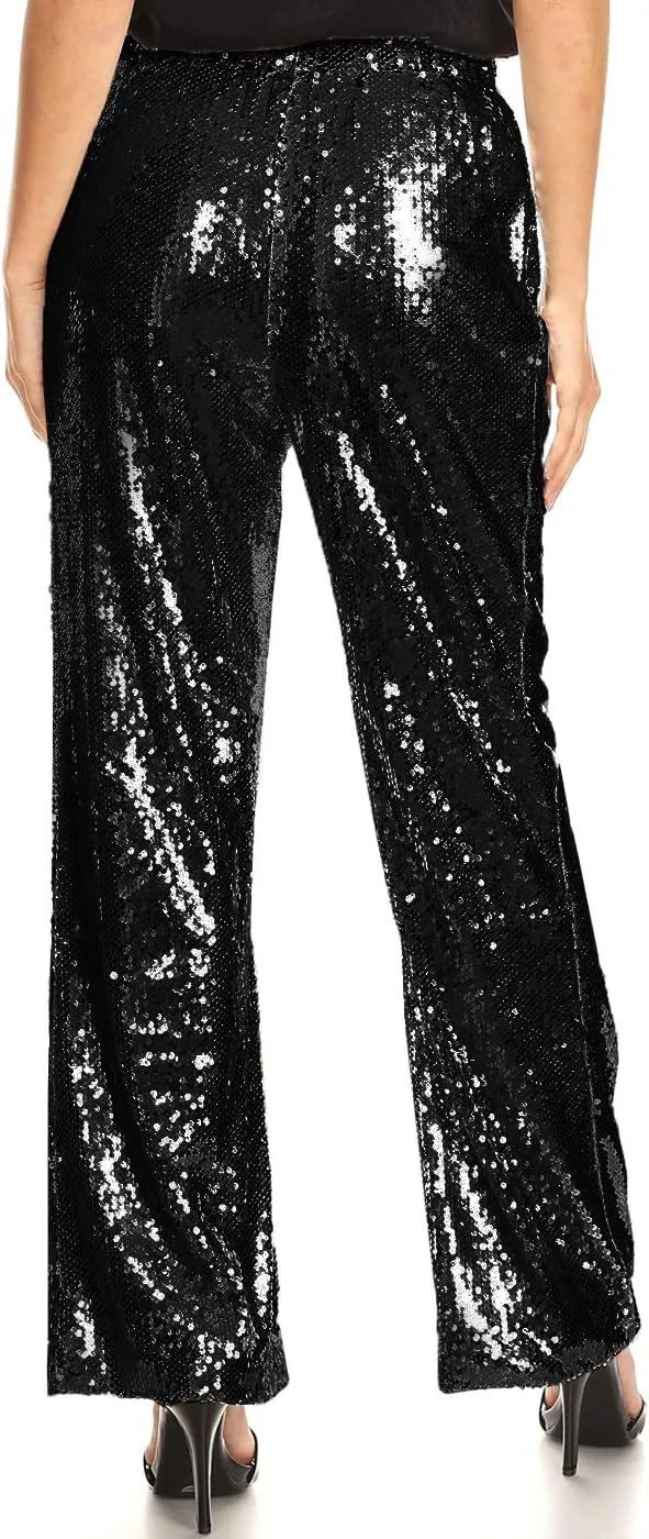 Anna-Kaci Women's Elastic Waist Sparkly Sequin 70's Disco Wide Leg Flare Palazzo Pants