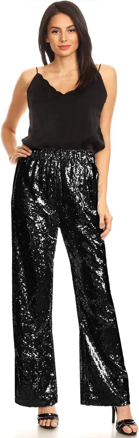 Anna-Kaci Women's Elastic Waist Sparkly Sequin 70's Disco Wide Leg Flare Palazzo Pants