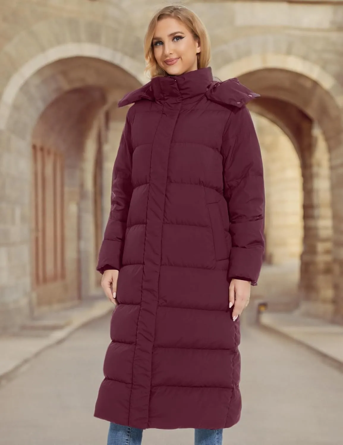 ANOTHER CHOICE Women's Down Coat with Detachable Hood, Long Puffer Coat Women Winter Jacket