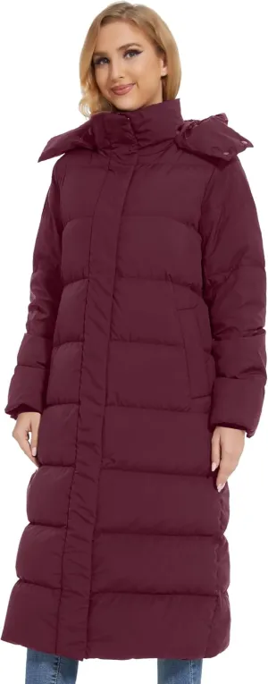 ANOTHER CHOICE Women's Down Coat with Detachable Hood, Long Puffer Coat Women Winter Jacket