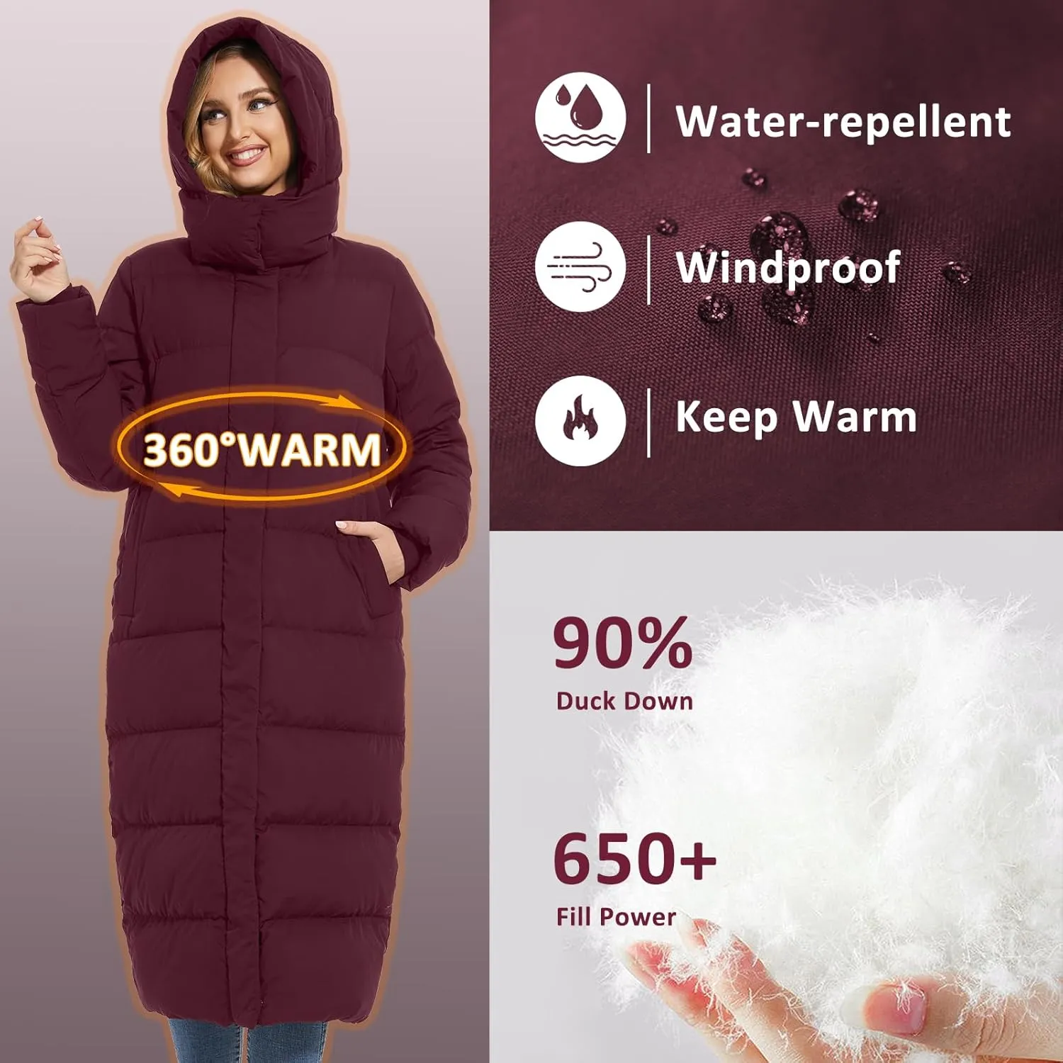 ANOTHER CHOICE Women's Down Coat with Detachable Hood, Long Puffer Coat Women Winter Jacket