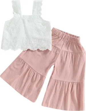 Aopwsrlyi Kids Baby Girls Summer Cotton Linen Outfit Sleeveless Lace Tank Tops Bell-bottom Wide Leg Pants Set