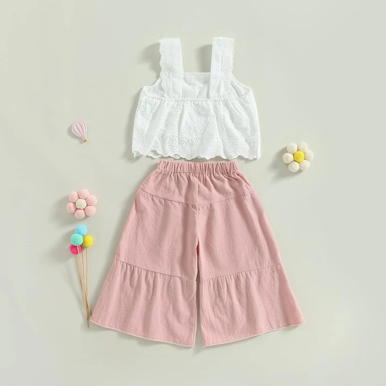 Aopwsrlyi Kids Baby Girls Summer Cotton Linen Outfit Sleeveless Lace Tank Tops Bell-bottom Wide Leg Pants Set