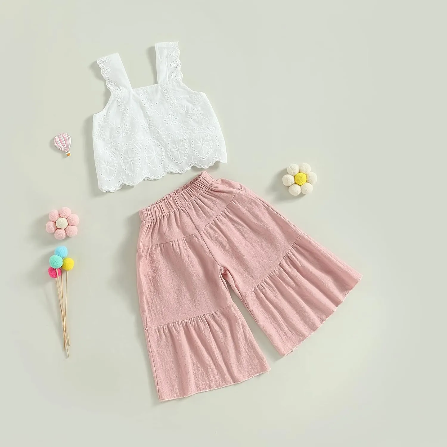 Aopwsrlyi Kids Baby Girls Summer Cotton Linen Outfit Sleeveless Lace Tank Tops Bell-bottom Wide Leg Pants Set