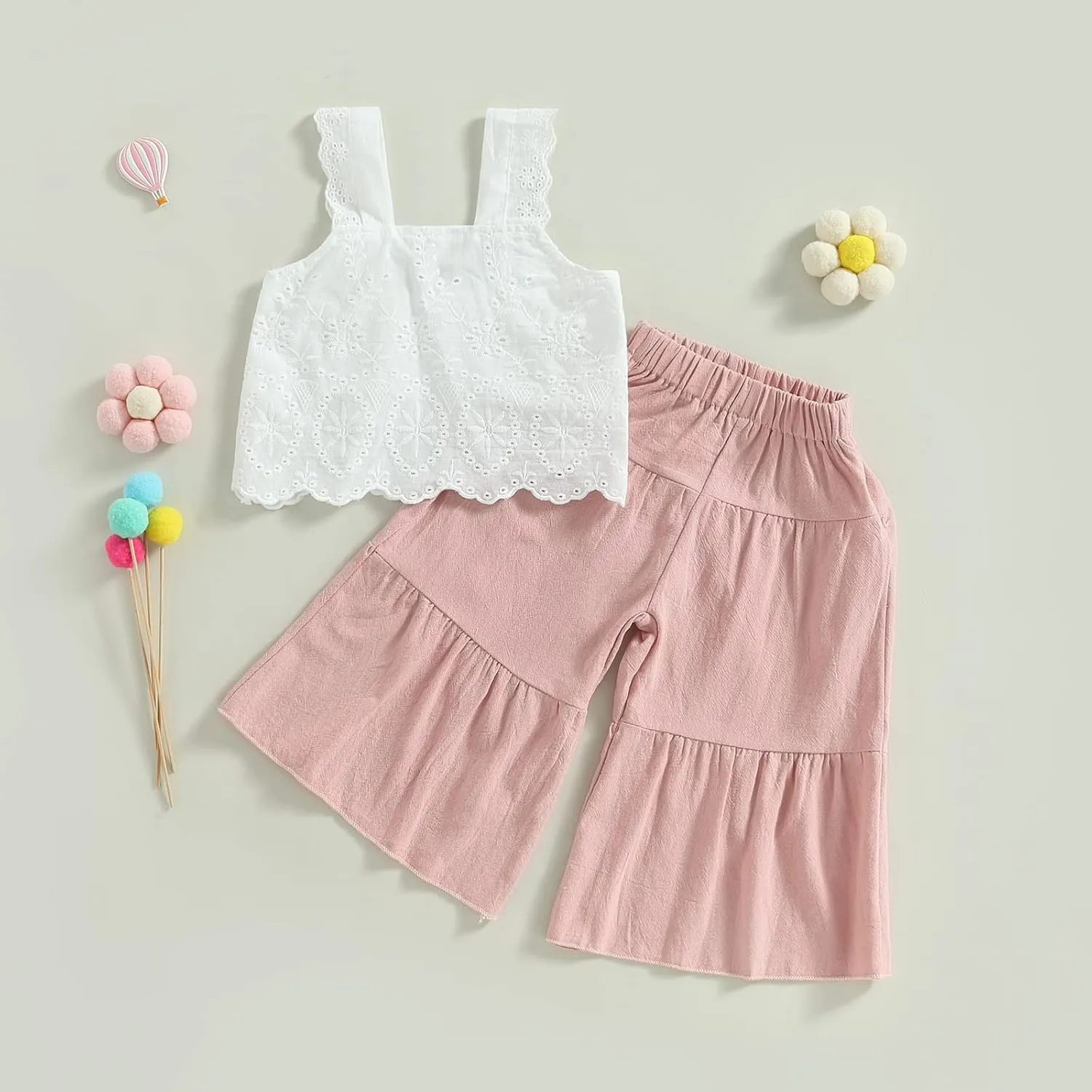 Aopwsrlyi Kids Baby Girls Summer Cotton Linen Outfit Sleeveless Lace Tank Tops Bell-bottom Wide Leg Pants Set
