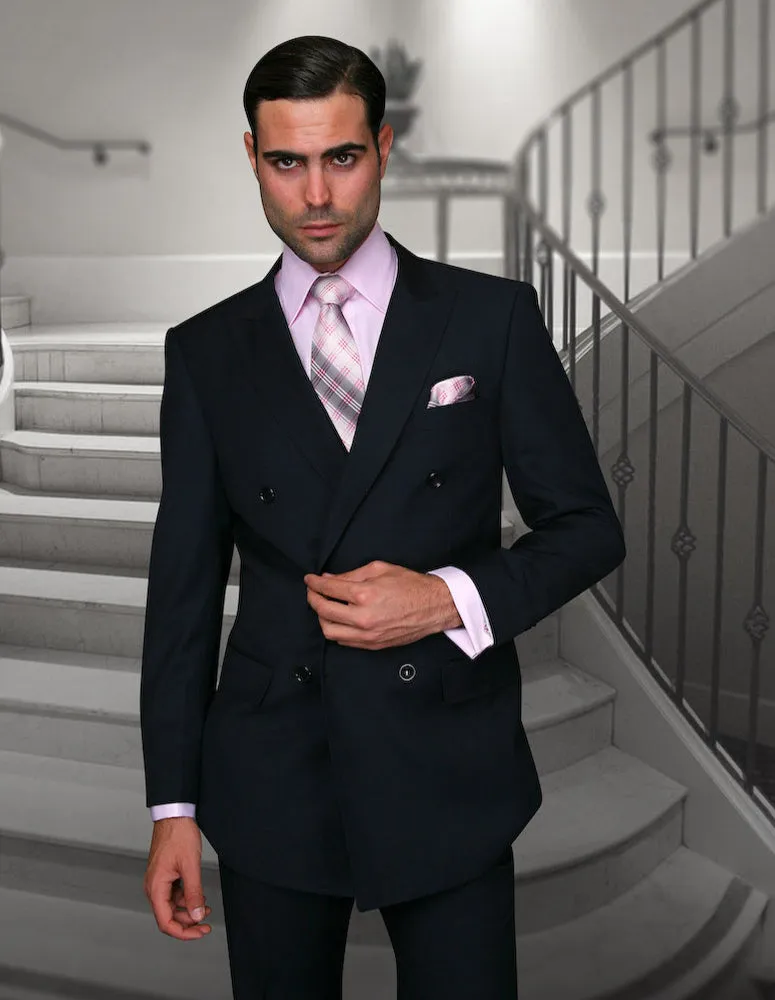 APPLE GREEN SOLID COLOR SUIT. 3PC MODERN FIT FLAT FRONT PANTS WITH DOUBLE BREASTED VEST. SUPER 180'S ITALIAN WOOL | TZD-100-Navy