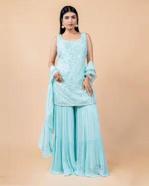 Aqua Blue Palazzo Suit with Mirror work and Net Dupatta