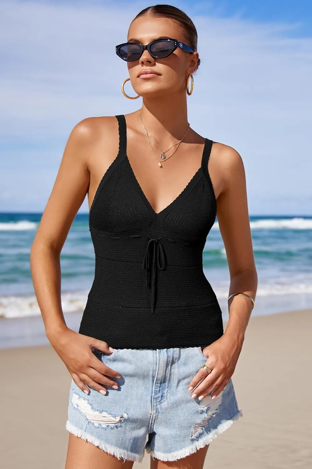 Arach&Cloz 2025 Women's Summer Boho Cami Tops V Neck Crochet Sleeveless Cute Tank Going Out Outfits Beach Vacation Clothes