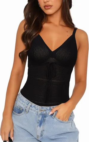 Arach&Cloz 2025 Women's Summer Boho Cami Tops V Neck Crochet Sleeveless Cute Tank Going Out Outfits Beach Vacation Clothes