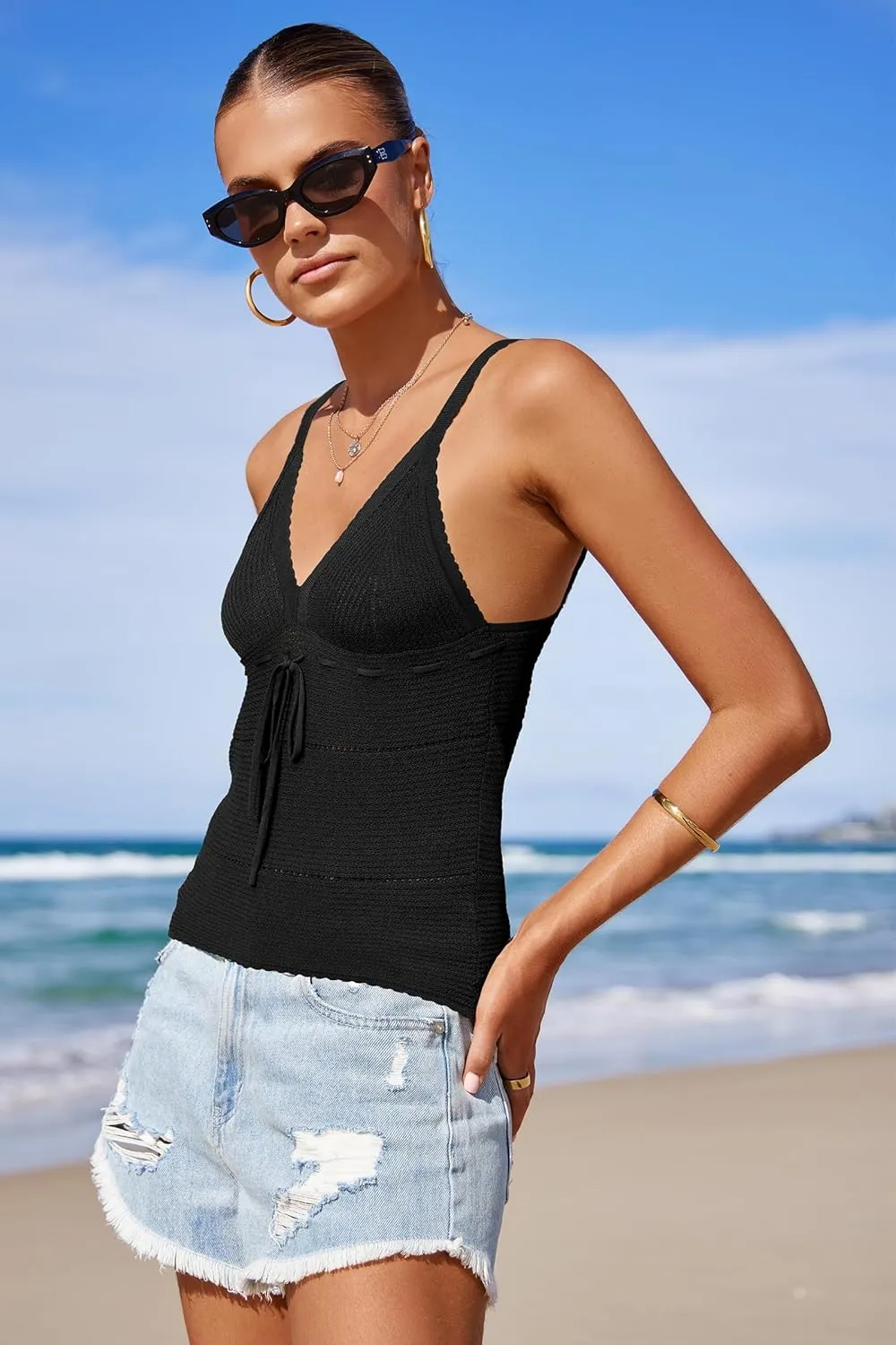 Arach&Cloz 2025 Women's Summer Boho Cami Tops V Neck Crochet Sleeveless Cute Tank Going Out Outfits Beach Vacation Clothes