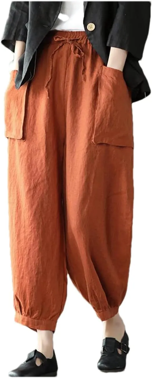 Arts Style Women Elastic Waist Cotton Linen Solid Harem Pants Loose Casual Ankle-Length Pants