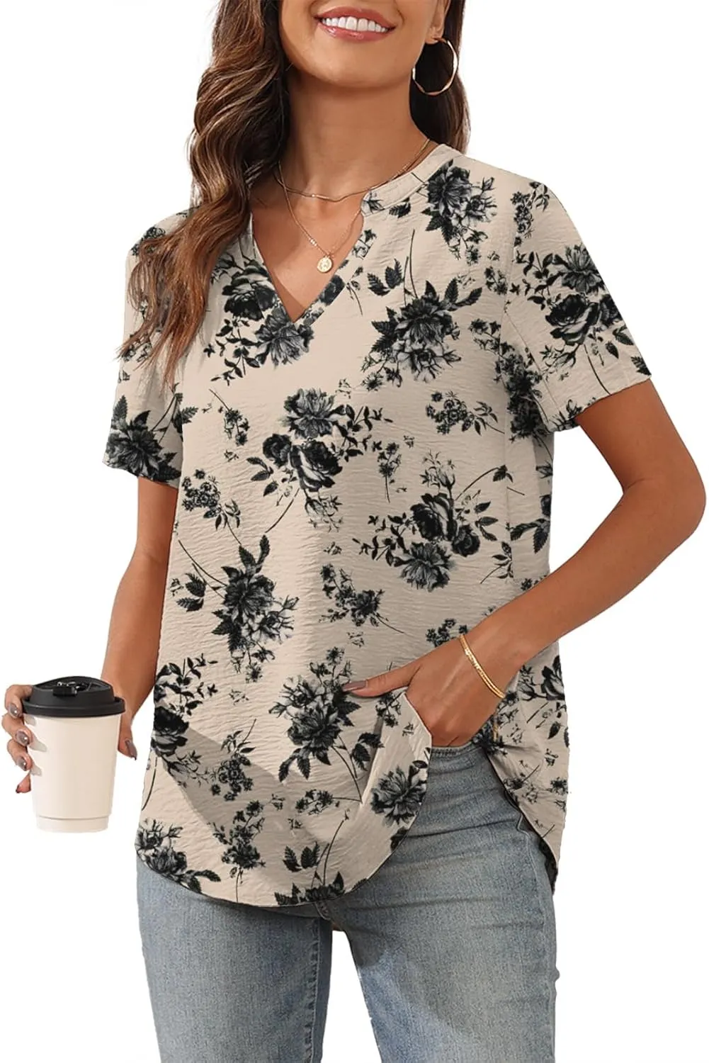 Askyes Women's 2025 Summer Chiffon Blouses Short Sleeve V Neck Tshirts Casual Loose Flowy Dressy Tops for Leggings Blouse