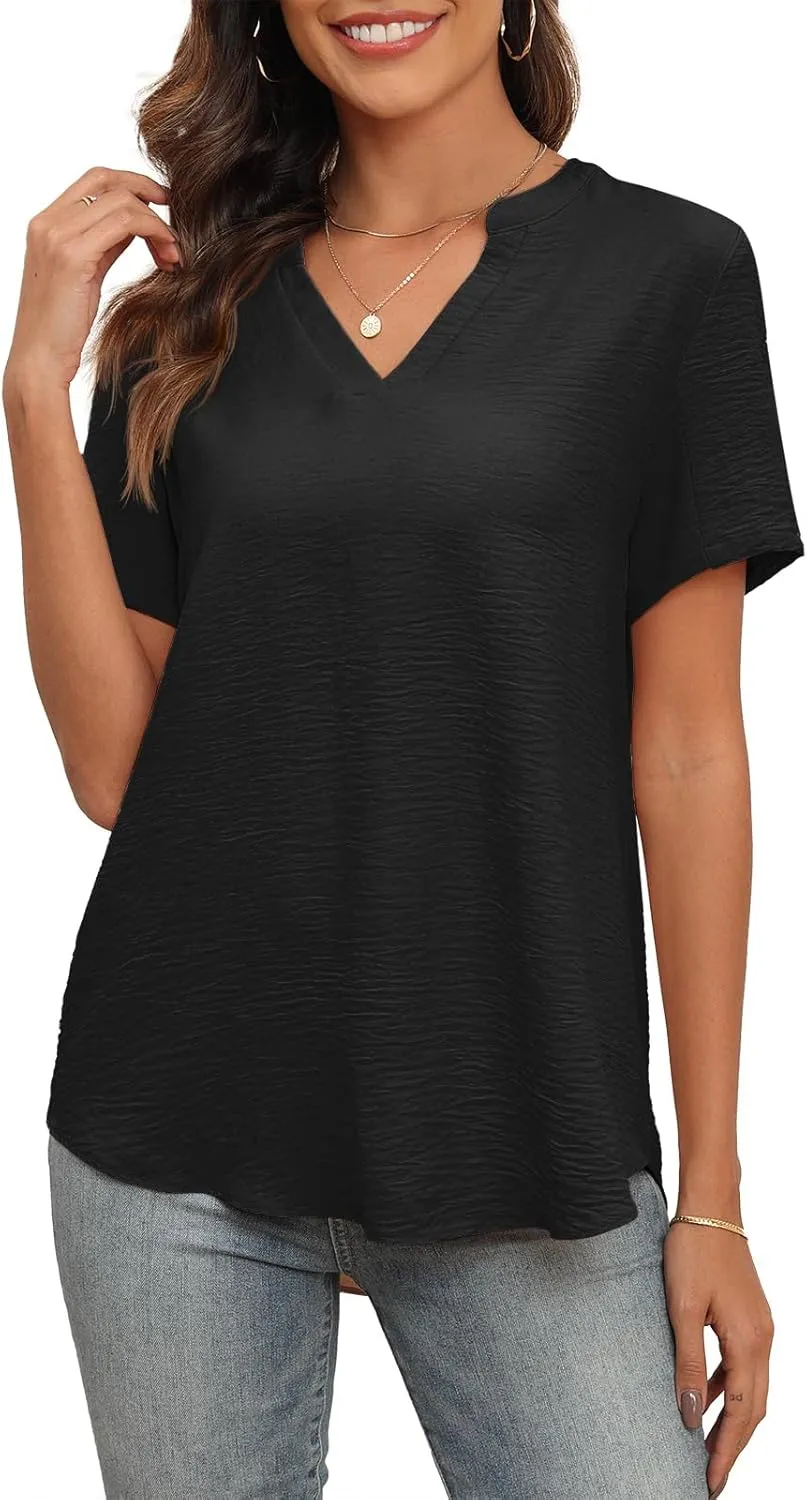 Askyes Women's 2025 Summer Chiffon Blouses Short Sleeve V Neck Tshirts Casual Loose Flowy Dressy Tops for Leggings Blouse